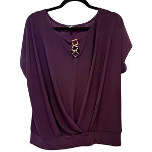 A.U.W Womens Large Purple Drape Front Blouse With Gold Accent Keyhole Neckline